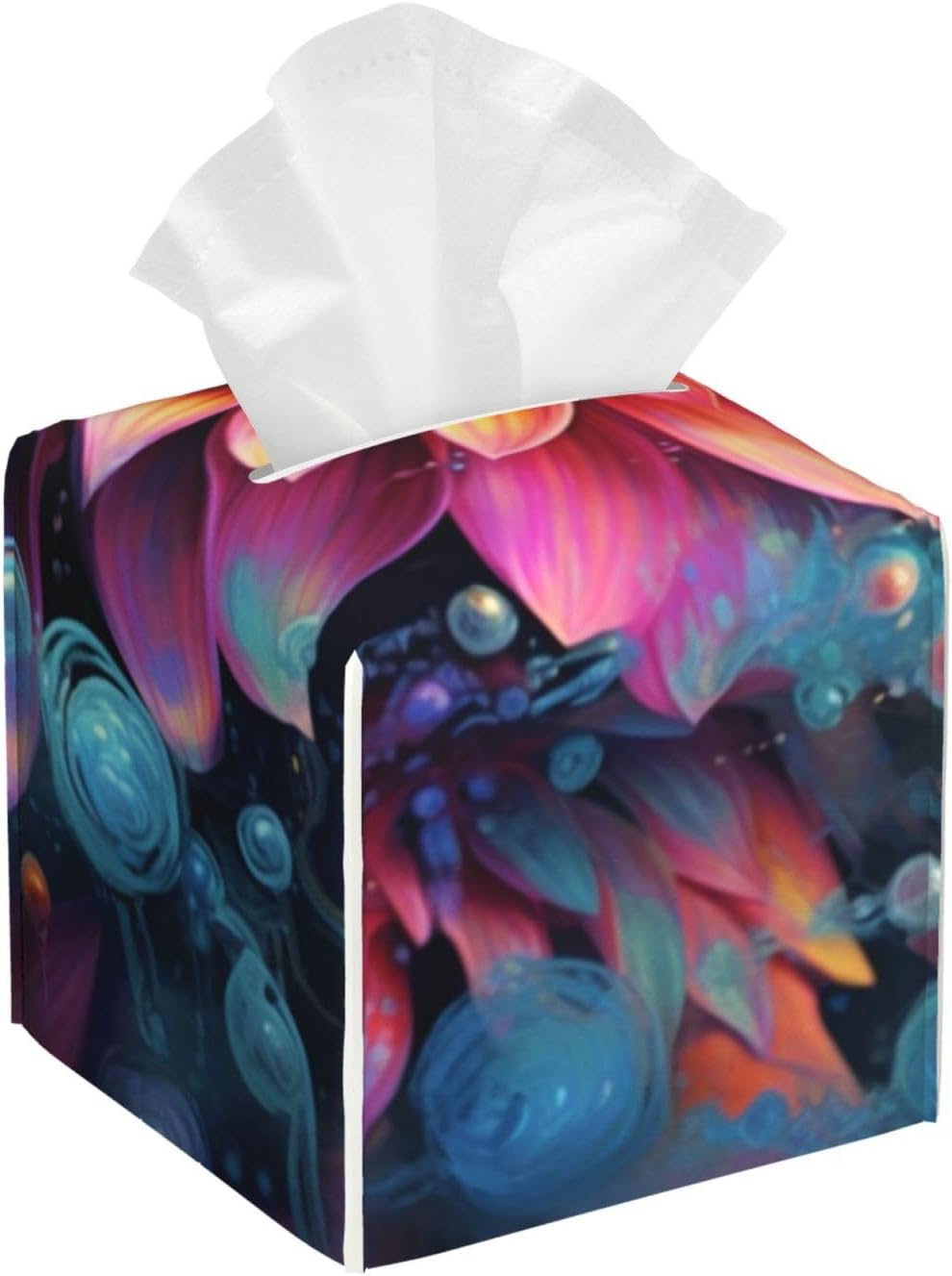 Colorful Flowers - Square Tissue Box Cover, Leather Tissues Cube Box Holder, Box Tissue Dispenser Decor Accessories for Bathroom,NightStand,Desk, Home,Office
