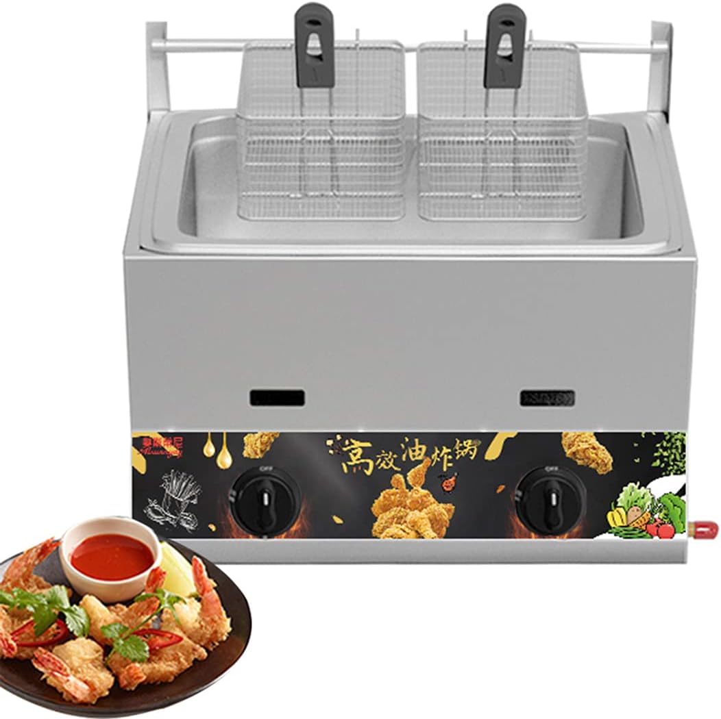 Gas Fryer Single/Double Cylinder Commercial Gas Fryer Tank Stainless Steel Chicken Chips Fryer with Basket and Cover for Commercial Restaurant Home Kitchen (11L/22L/23L) (Single Cylinder With Two B