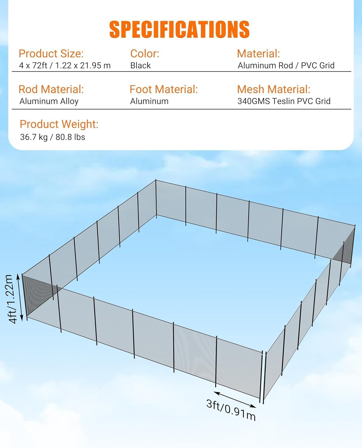 4ft X 12/48/72/108ft Swimming Pool Fences for Inground Pools Safety PVC Mesh DIY - Picture 9 of 9