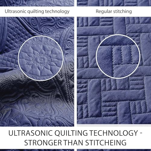 IR Imperial Rooms King Quilt Bedding Set Size (106" x 96") + 2 Pillow Shams (20" x 36"+ 2") - 3 Pcs All Season Lightweight Reversible Microfiber Coverlet Floral Embossed Quilt Bedspread (Blue)