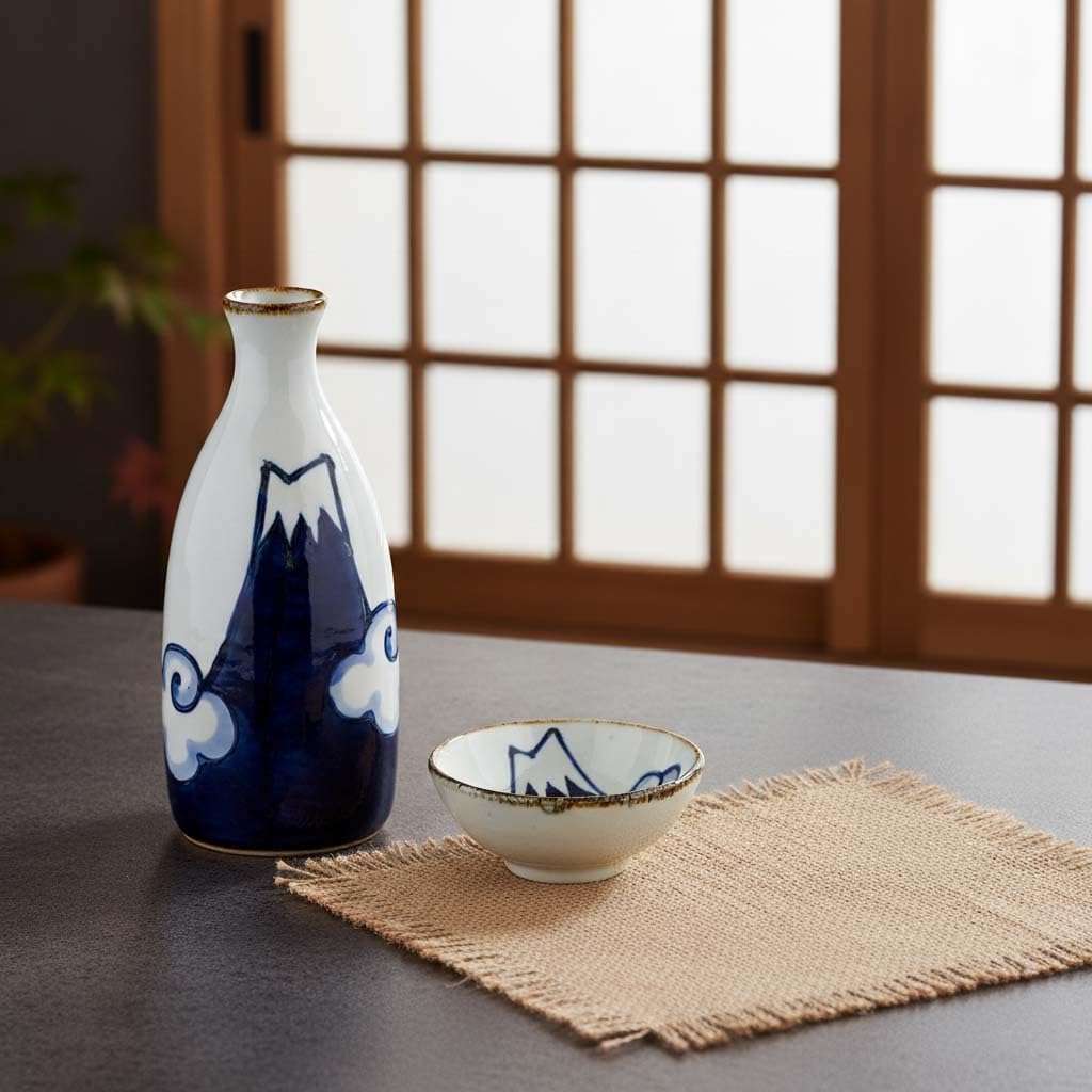 Hasami-Ware Fugaku Sake Set - 1 Tokkuri Sake Server & 1 Guinomi Sake Cup - Traditional Japanese Ceramics