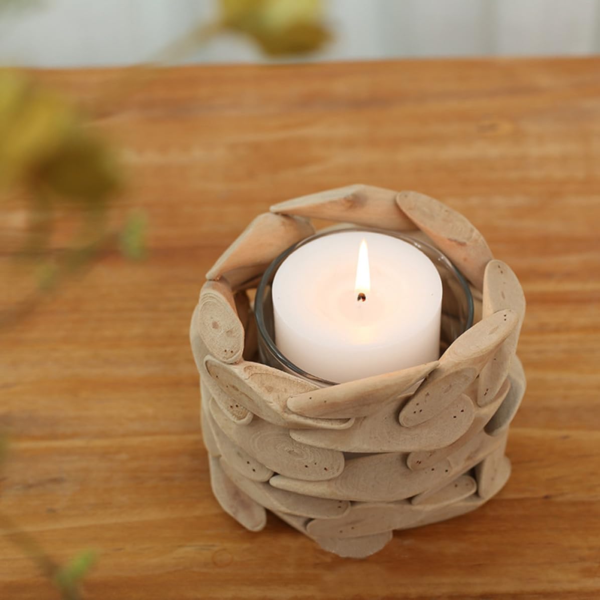 Portacandele Decorativo Rotondo in Legno, Artigianale, Khaki