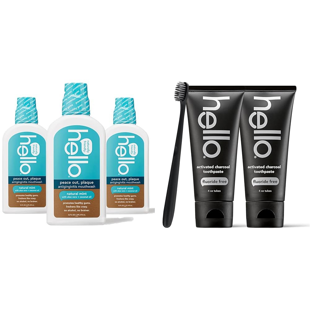 Hello Peace Out Plaque, Antigingivitis Alcohol Free Mouthwash, Natural Mint with Aloe Vera & Activated Charcoal Epic Teeth Whitening Fluoride Free Toothpaste and Toothbrush