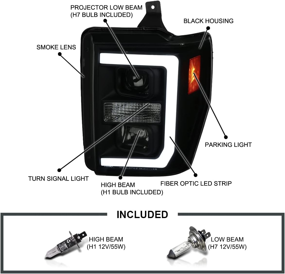 SPEC-D TUNING Black Smoke Projector Headlights w/LED Bar Compatible with 2008-2010 Ford F-250, F-350, F-450, F-550 Super Duty, Left + Right Pair Headlamps Assembly