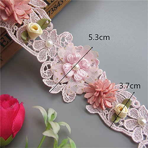 1 Meter Pearl Beaded With 3D Flower Polyester Lace Edge Trim Ribbon 5.3Cm Width Vintage Style Pink Edging Trimmings Fabric Embroidered Applique Sewing Craft Wedding Bridal Dress Clothes Decoration #TOP1