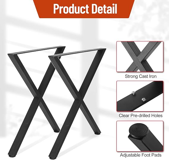 2X Metal Table Legs 27 inch Height x 23 inch Wide,DIY Iron Furniture Legs for Dining Table, Coffee Table, Desk,Heavy Duty Industrial Country Style X-Shape Tube Iron Desk Bench Legs Black