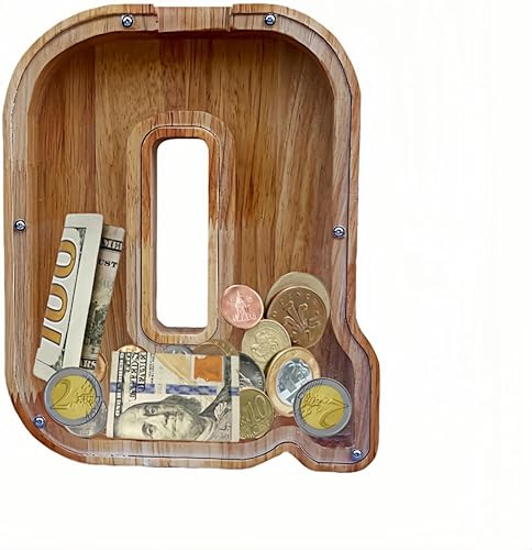Miniatura 20 de Alcancía grande para niños y niñas, alcancía de madera personalizada con diseño recortado, bancos de monedas de letras del alfabeto, caja de ahorro