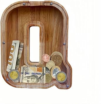 Large Piggy Bank for Kids Boys Girls, Personalized Wooden Letter Piggy Bank with Cut-Out Design, Alphabet Letter Coin Banks, Money Savings Box,Birthday Present for Kids Adults and Home Decoration Q