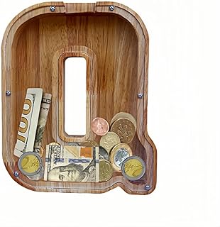Large Piggy Bank for Kids Boys Girls, Personalized Wooden Letter Piggy Bank with Cut-Out Design, Alphabet Letter Coin Banks, Money Savings Box,Birthday Present for Kids Adults and Home Decoration (Q)