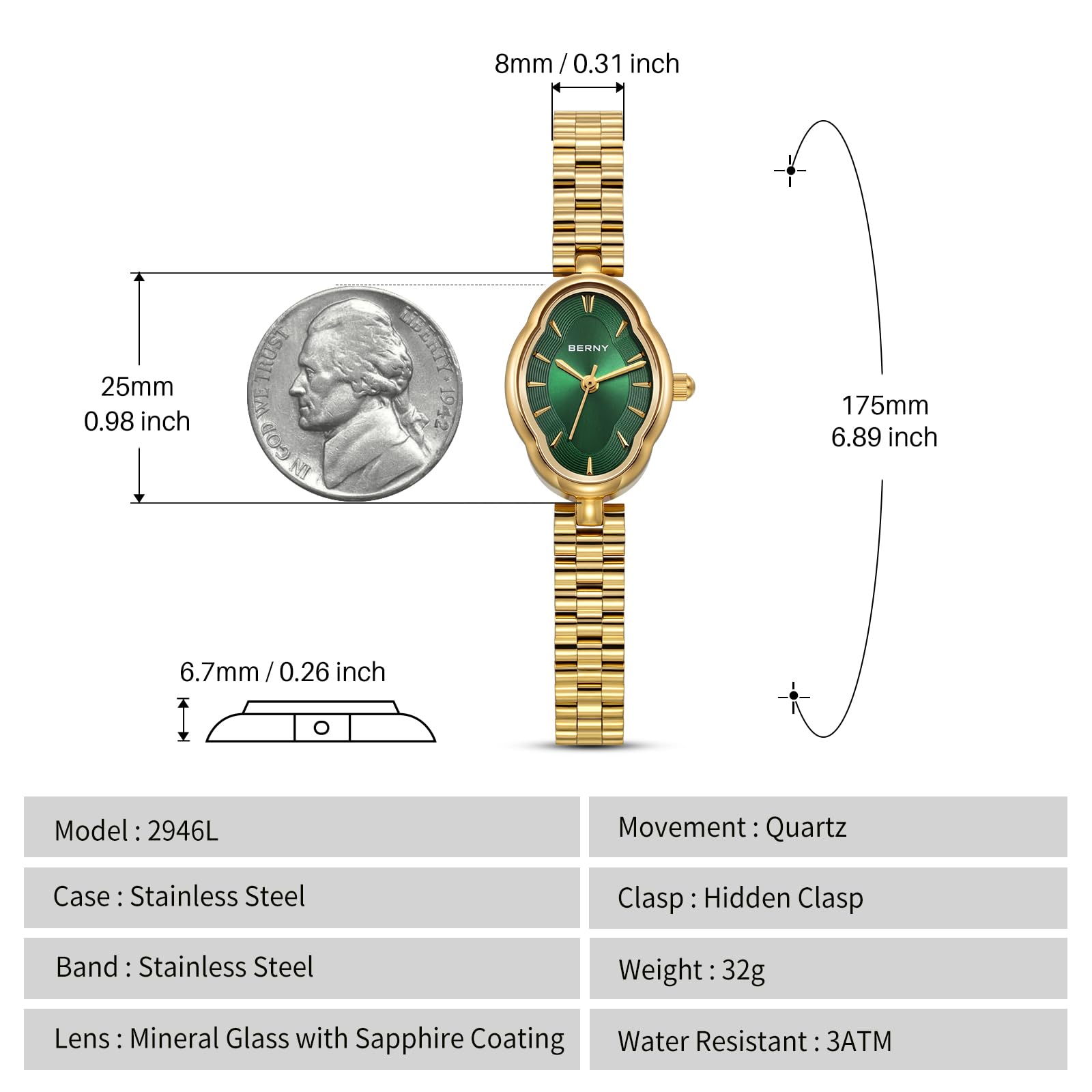 BERNY Gold Uhr Für Frauen Zierliche Damen Quarzuhr 3ATM Wasserdicht Mode Weibliche Armbanduhr Luxus Armband Uhren Idear Geschenk für Mädchen