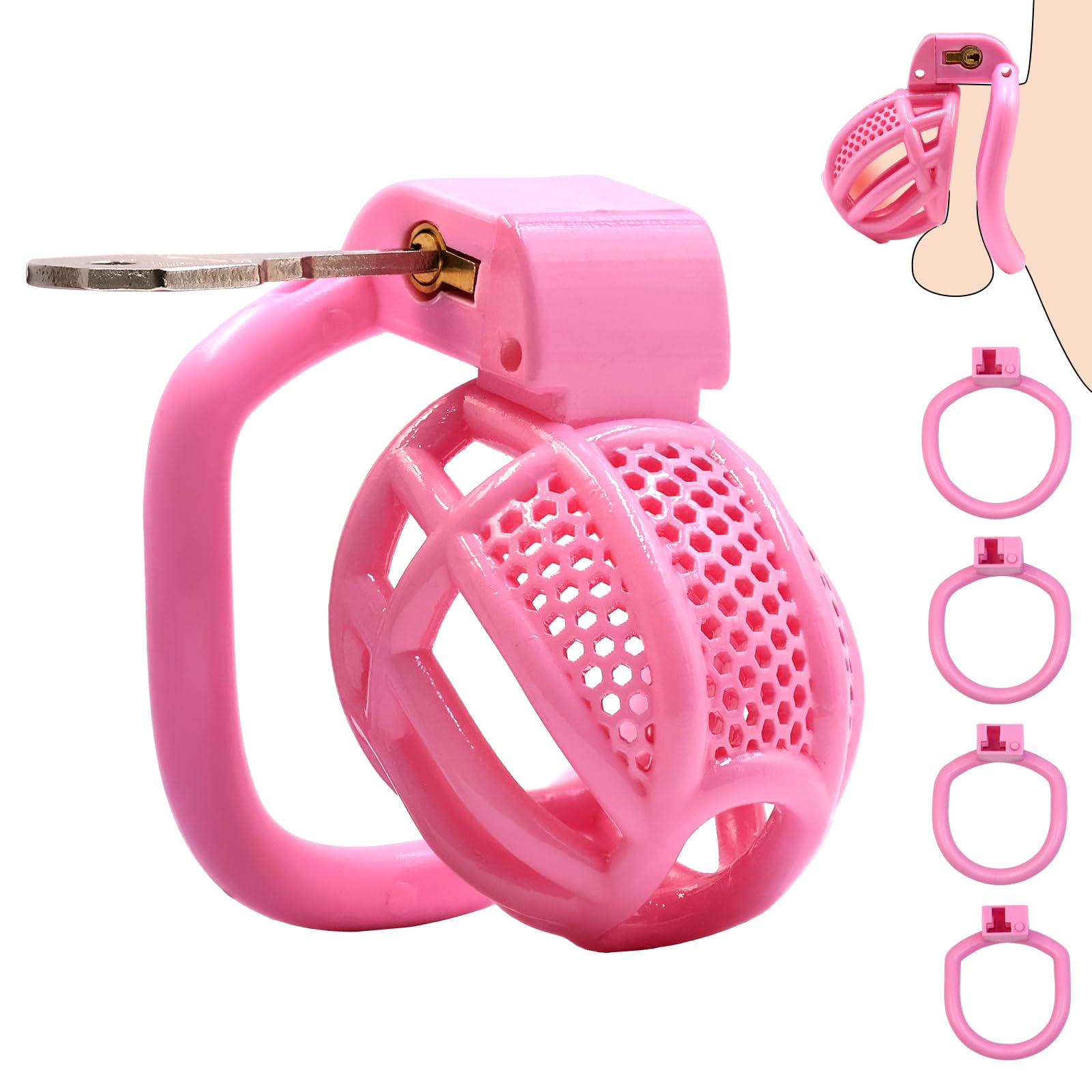 Male Chastity Device Cock Cage - Lightweight Plastic Chastity Cage for Man Penis Exercise 3D Printed Adult Sex Toy with 4 Sizes Rings Invisible Lock and Key(Pink) Small