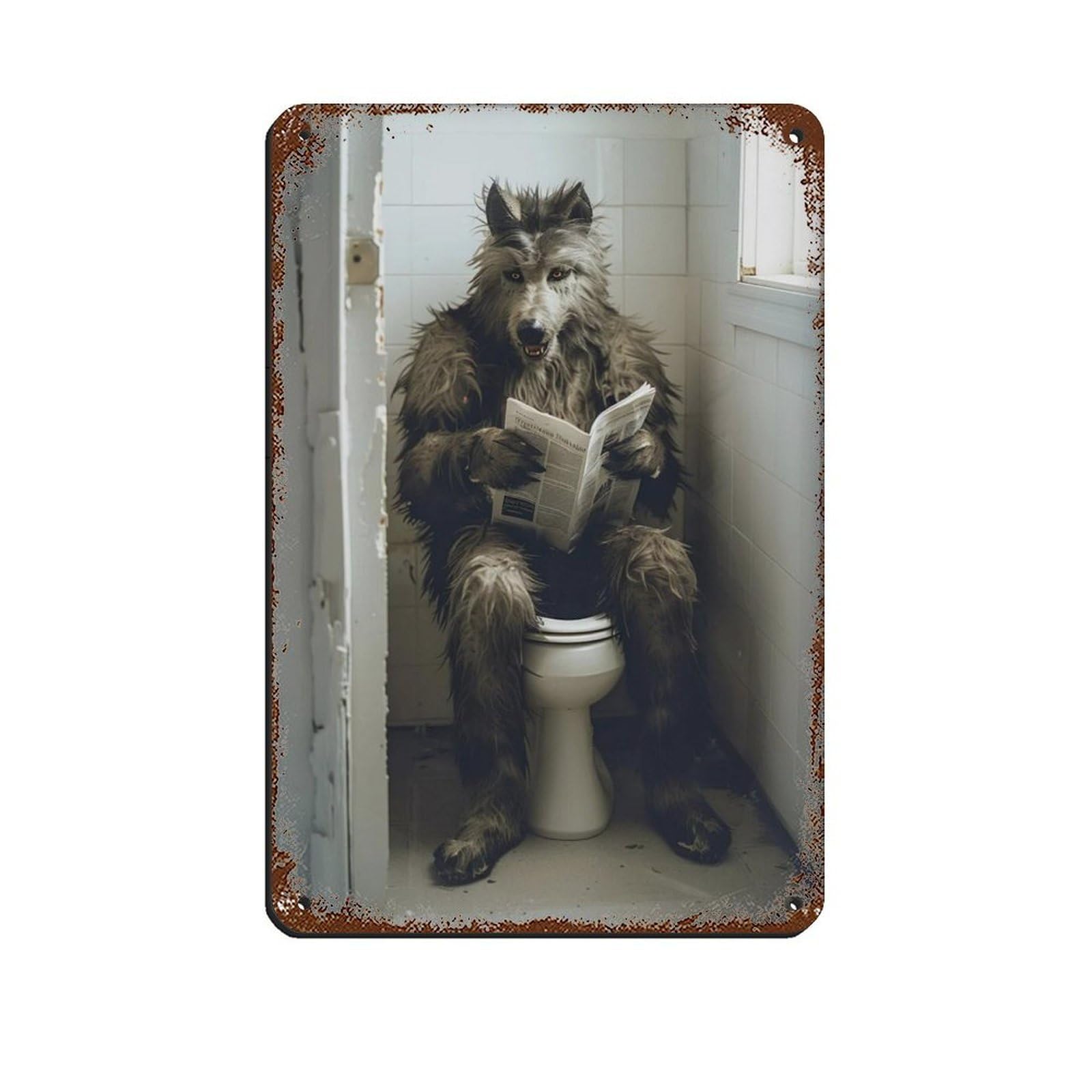 Werewolf Sitting on The Toilet Reading A Newspaper (3) Tin Sign Vintage Metal Pub Club Cafe Bar Home Wall Art Decoration Poster Retro 8x12inch(20x30cm)