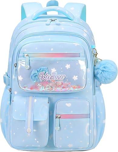 mygreen Bonita mochila escolar para niñas con múltiples bolsillos, Azul brillante, Grande, Personalizado