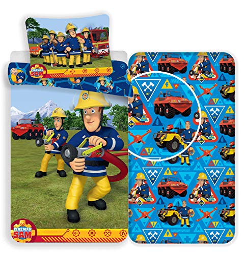 Jujak Bombero Sam Rotary edredón Completo Juego de Cama Incluye sábana Bajera Ajustable  100% algodón  tamaño Funda de Almohada 70 x 90 cm, 100% algodón, Sam el Bombero, 140 x 200 cm