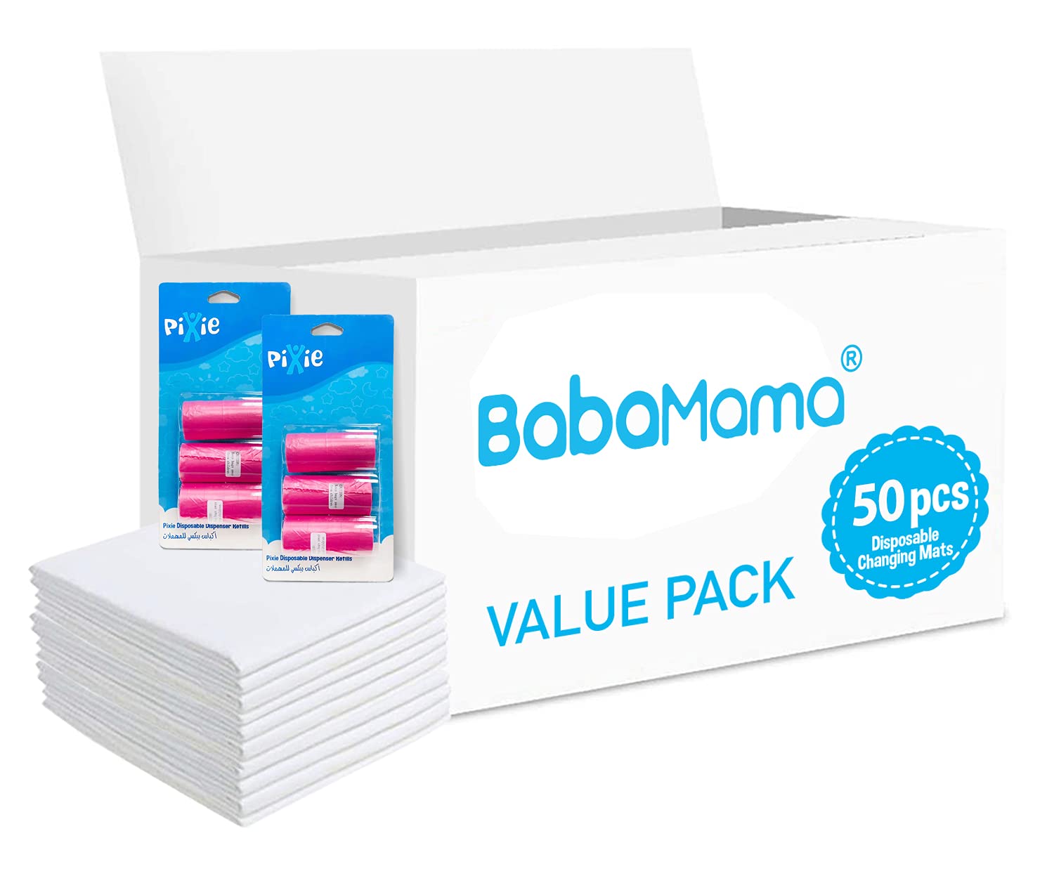 BABAMAMA Changing Mat 50 + Pack of 2 Refill PINK (6 Rolls) 120 Nappy Bags