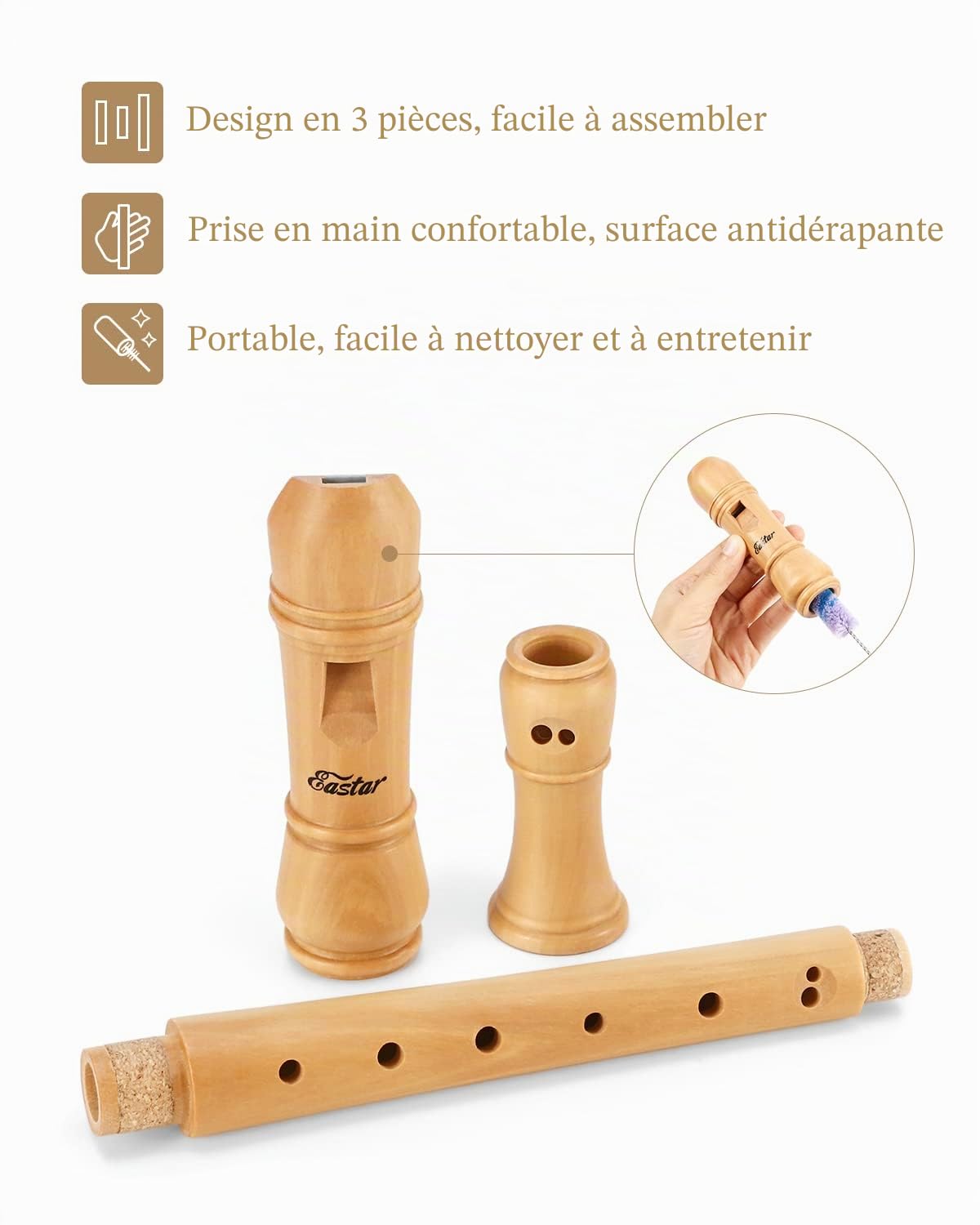 Eastar Flûte à bec soprano pour débutants, manche baroque, clé de do, en bois d'érable, flûte à bec en trois parties avec étui rigide, tableau des doigtes, ERS-31BM