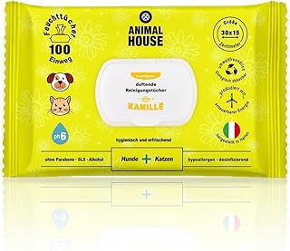Animal House - Kamille-Reinigungstücher, 100 Stück, natürlich, feuchtigkeitsspendend und beruhigend, biologisch abbaubar und hypoallergen, für die tägliche Reinigung von Hunden und Katzen product image