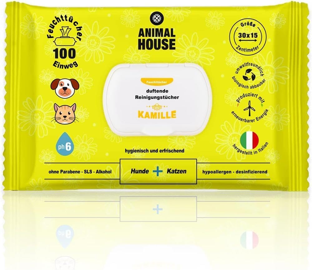 Animal House - Kamille-Reinigungstücher, 100 Stück, natürlich, feuchtigkeitsspendend und beruhigend, biologisch abbaubar und hypoallergen, für die tägliche Reinigung von Hunden und Katzen
