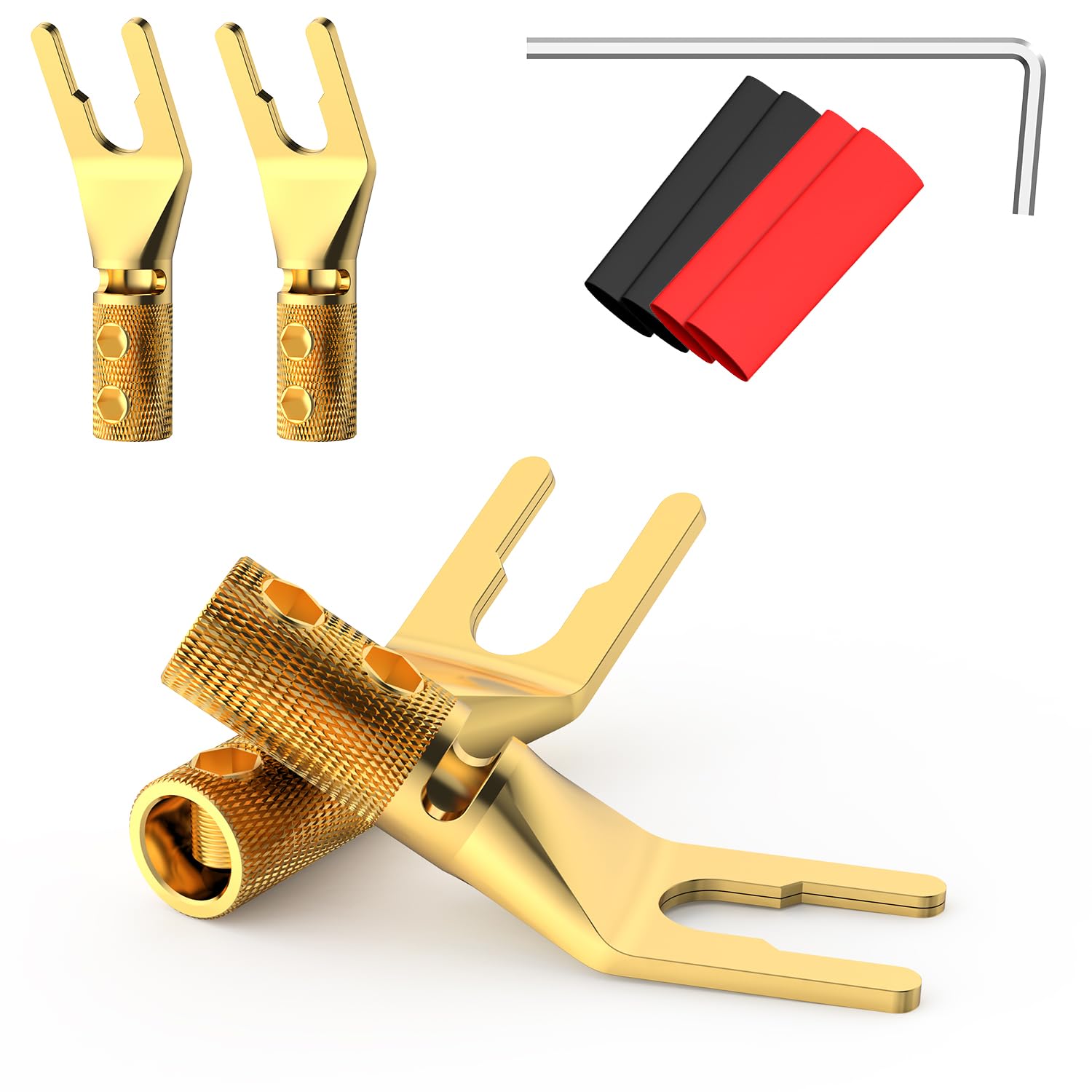 4PCS Spade Connector,45 Degree Pure Copper Audio Fork Y Spade Plug DIY with Heat Shrink Tubing and Hex Wrench,Double Screw Locking Speaker Cable Plug for Speaker Cables (Knurled Gold Plated)