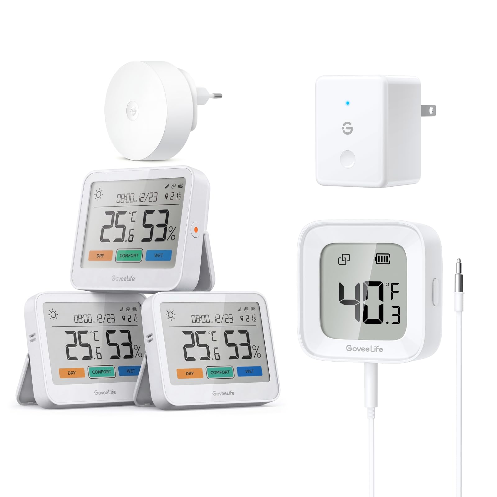 GoveeLife WLAN Thermometer Hygrometer Innen, 5-in-1 Wetterstation Funk, GoveeLife WLAN Kühlschrank Thermometer Digital mit Alarm,mit App, LCD-Display, 2 Jahre Datenexport,