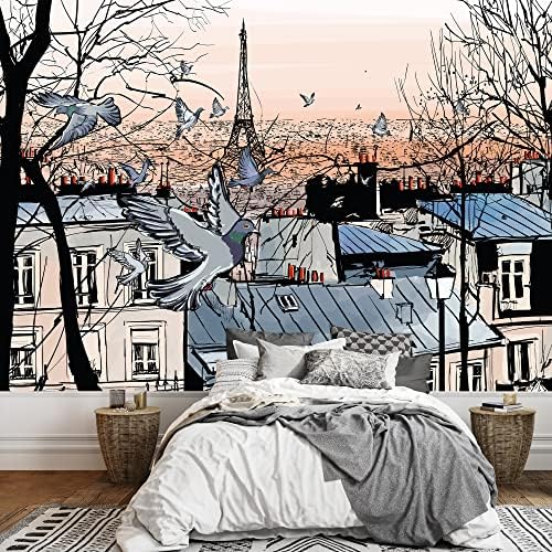 wall26 - Vector - Montmartre in Paris with Eiffel Tower - Vector Illustration - Removable Wall Mural | Self-Adhesive Large Wallpaper - 100x144 inches