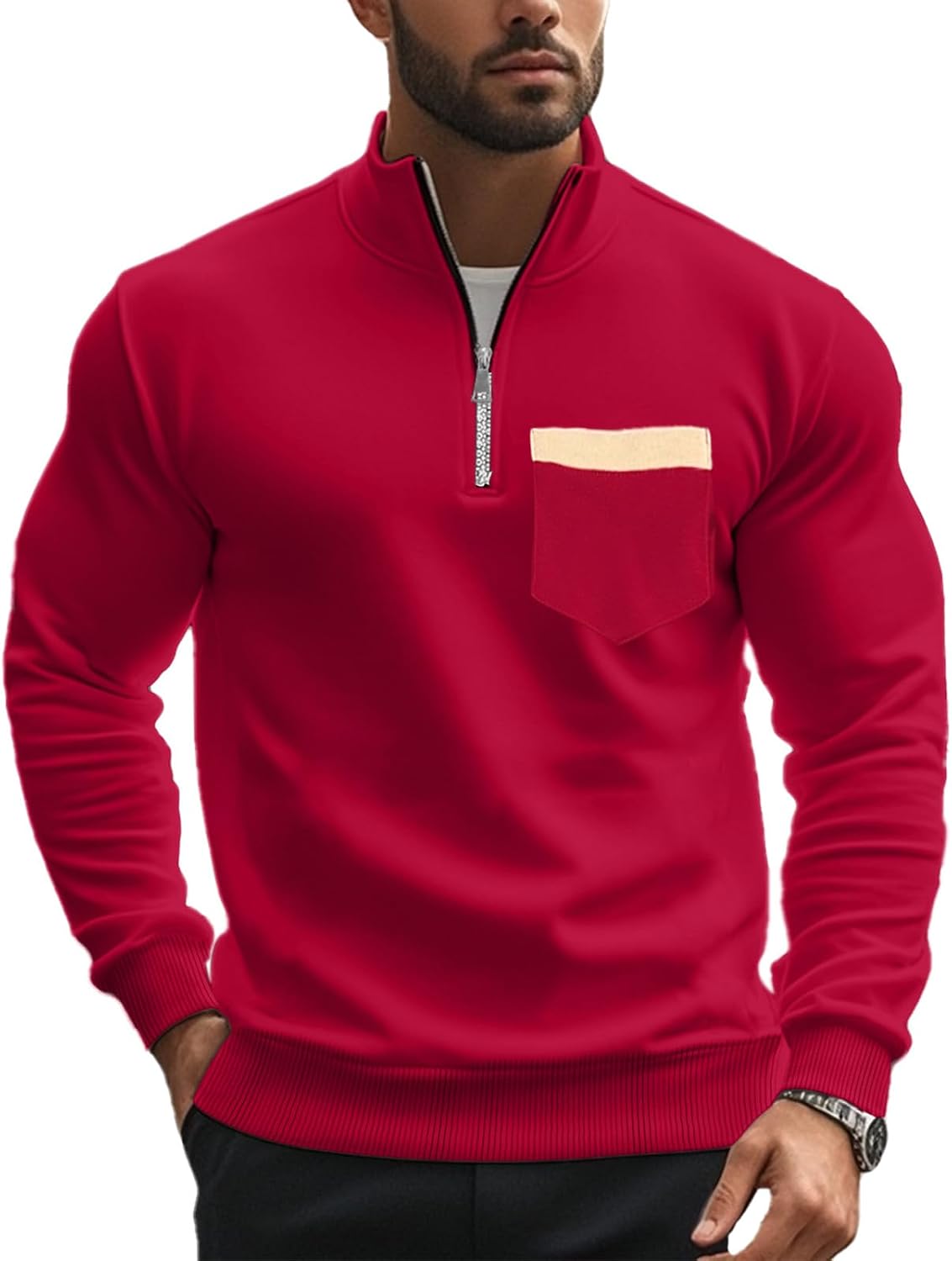 Mens Sweatshirts Quarter Zip Stand Collar Fleece Pullover Casual Fall Winter Pullovers with Pocket Basic Tops