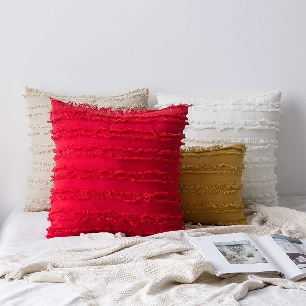 MIULEE Set of 2 Decorative Boho Throw Pillow Covers Linen Striped Jacquard Pattern Cushion Covers for Sofa Couch Living Room Bedroom 18x18 Inch Ivory White: Home & Kitchen