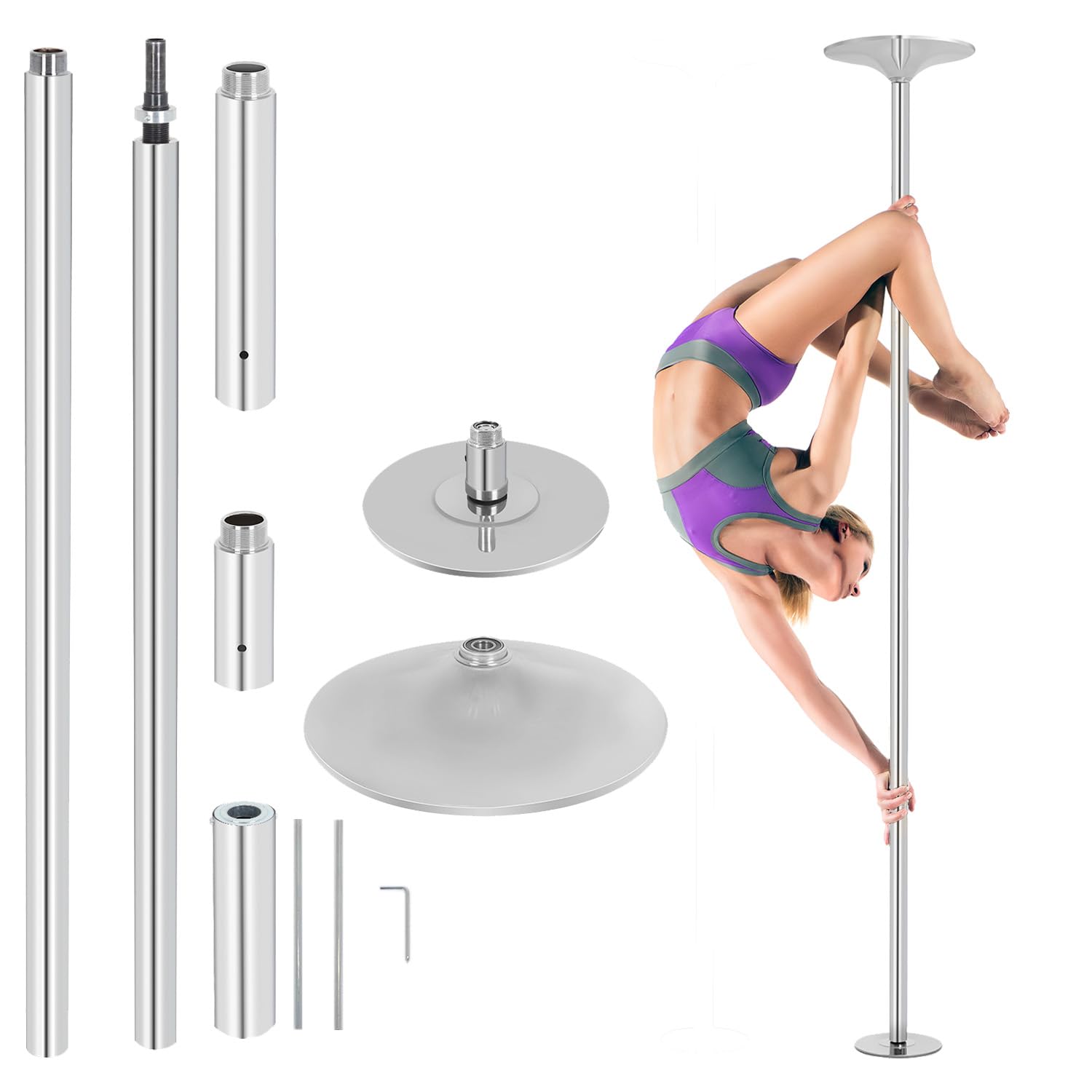Professional Dancing Pole Set,Stripper Pole Spinning Portable Removable,7.2-9 ft Adjustable Height Great for Training Dancing & Exercise, Adjustable Fitness Pole,Sliver