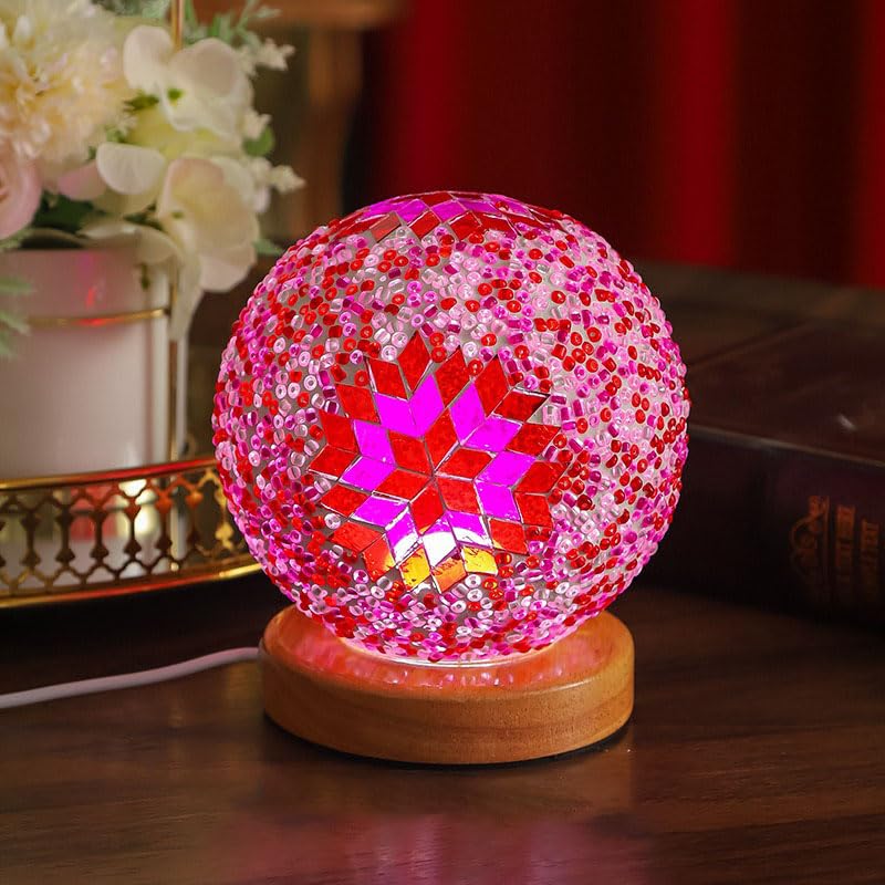 Morocco Pink Mosaic Lamp Vintage Retro Stained Turkish Moroccan Bohemian Tiffany Bedside Colorful Handmade Glass with Wood Base USB Charge Decor Light for Bedroom Ambient Living Room Farmhouse