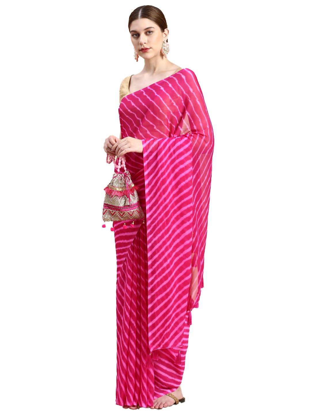 RANI SAAHIBA Women’s Chiffon Lehriya Printed Saree Without Blouse
