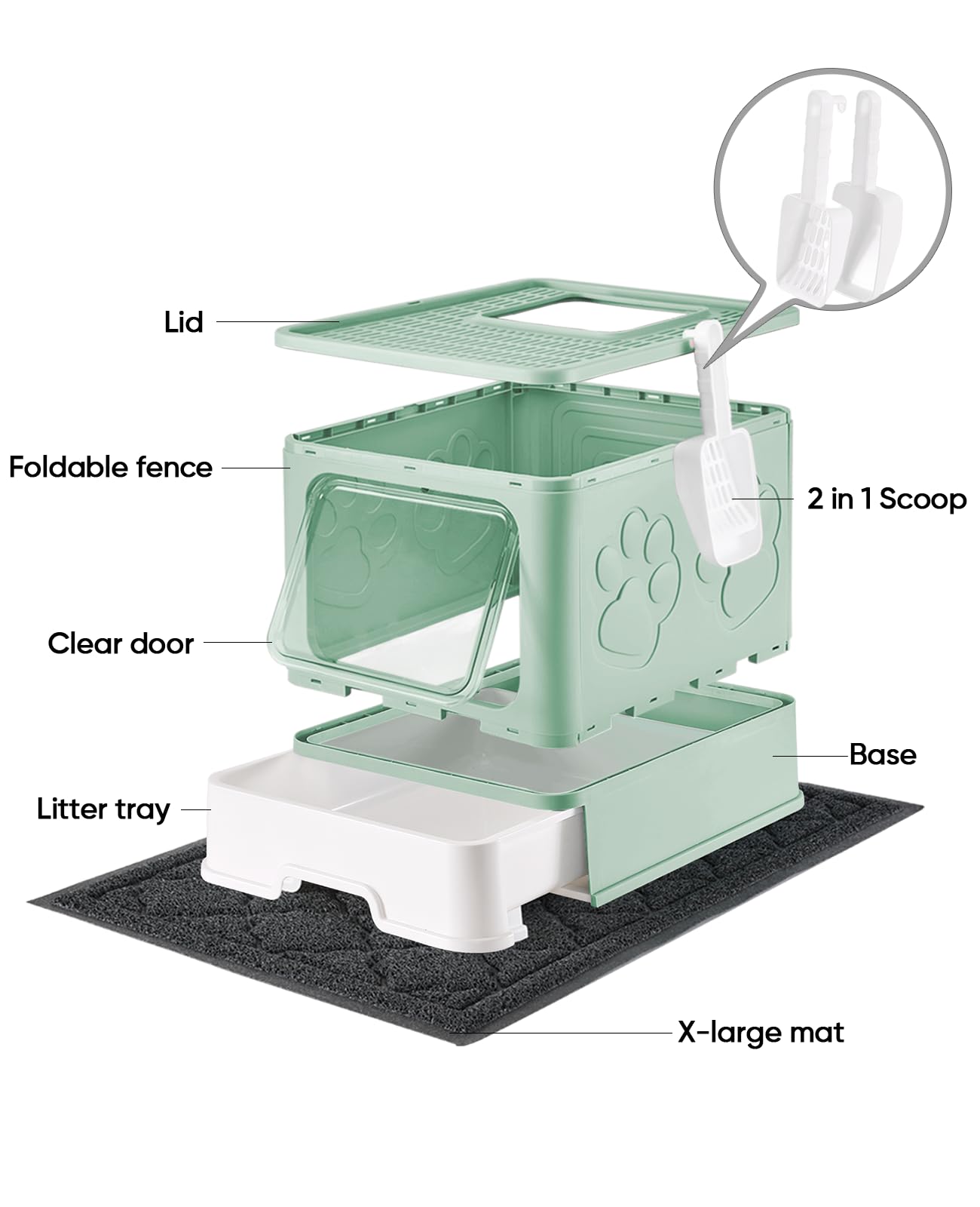 Medario Caja de Arena para Gatos con Alfombrilla de Arena para Gatos XL y Cuchara, Caja de Arena Plegable Grande con Tapa, Caja de Arena para Gatitos de Entrada Superior, Control de olores, fácil de