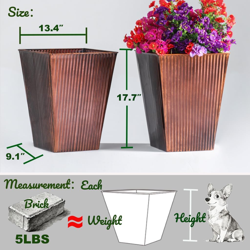 Ultiteque18 H x13 Dia Large Copper Metal Planter Set of 2, Tall Square Tapered Steel Flower pots for Indoor Plants, Indoor Plant Pots Lightweight for Apartment Office, Planter Pots with Drainage&Plug