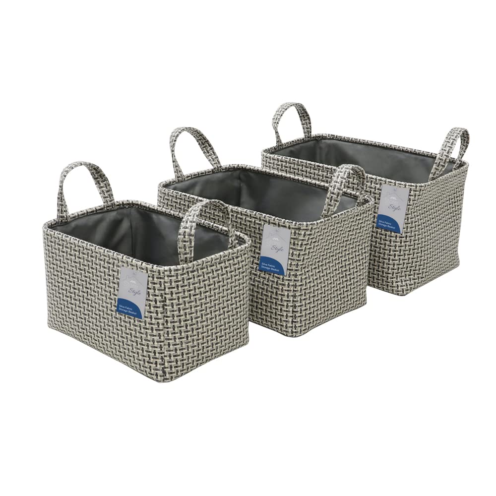 JVL Silva Rectangular Fabric Storage Baskets - Set of 3 - Grey - Woven Design with Handles