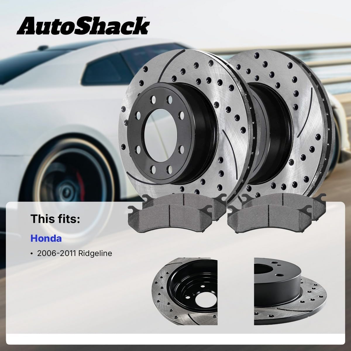 AutoShack Front Brake Rotors & Ceramic Pads for Honda, Ridgeline 2006-2011, AWD V6 3.5L - E-Coated Drilled & Slotted - ShadowGuard - 12.6" (320 mm), 5-Lug