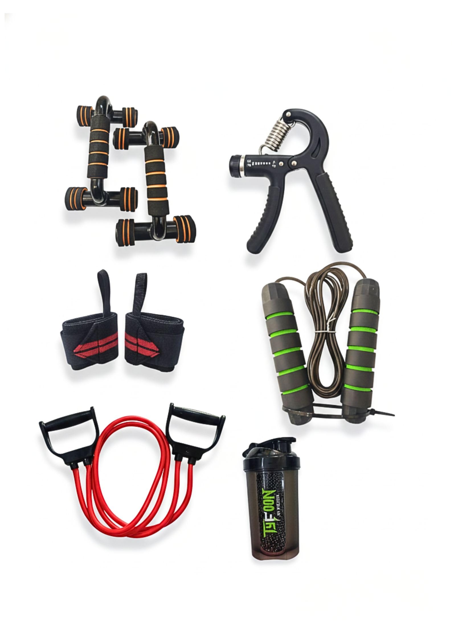 Combo Set of Home Gym Equipment with Push Up Board, Hand Grip, Jump Rope, Resistance Band, Wrist Support, Protein Shaker, 6-in-1 Fitness Kit-image-23