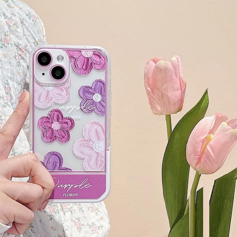 Image of COVERLY 3D Cute Creative Purple Flower Cartoon Oil Painting Floral Decor Wave Curly Edge Invisible Phone Table Stand Holder Grip Happy Aesthetic Cover Girly Charm Case for Apple iPhone 12 Pro (Purple)
