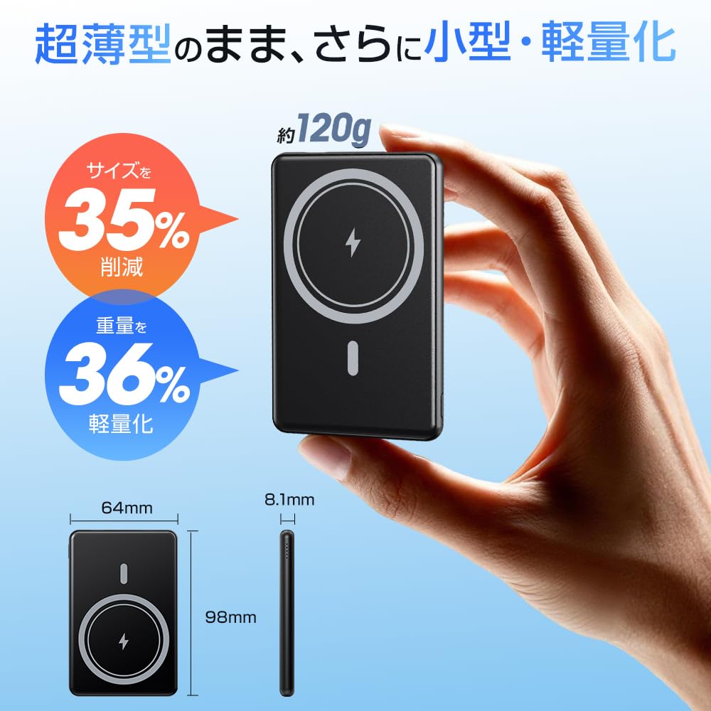 Amazon | モバイルバッテリー 軽量 MagSafe対応 マグネット式