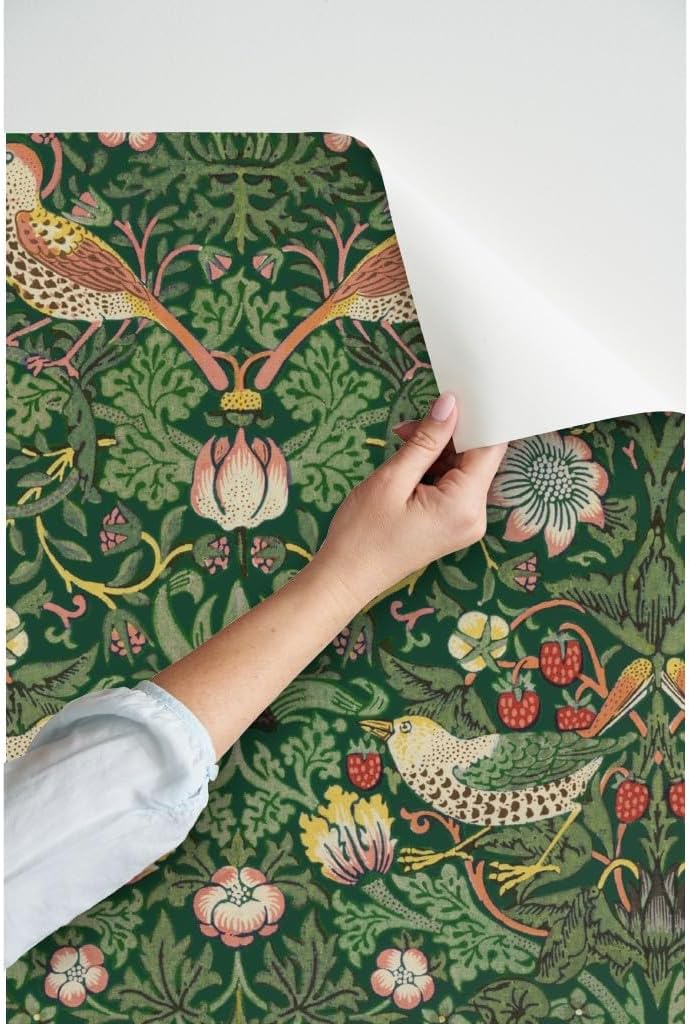 Peel & Stick Wallpaper Swatch - William Morris Victorian Antique Green Forest Garden Damask Art Nouveau Nature Birds Fruits Custom Removable Wallpaper by Spoonflower
