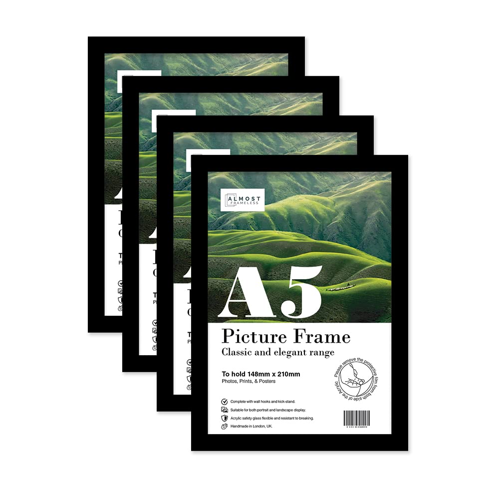 Almost Frameless A5 Black Picture Frame Set of 4, Display A5 Picture Gallery Wall, Poster, Photo, Artwork, or Print, Black