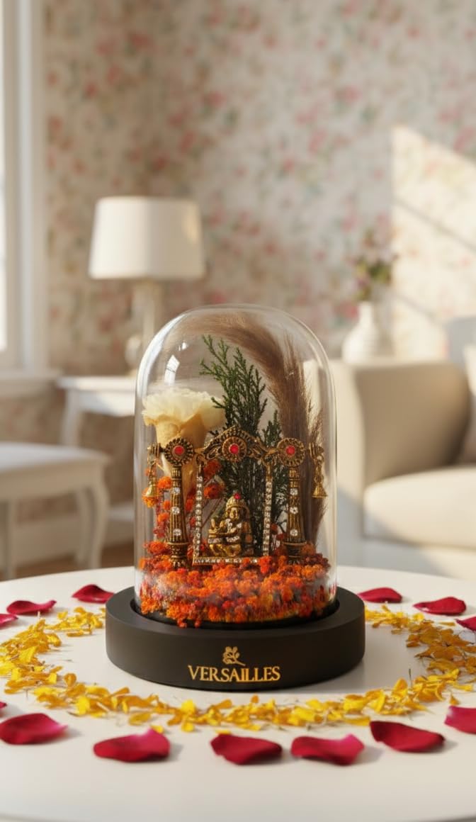 Versailles Krishna Glass Dome with Preserved Idol, Gypso, Carnation and Foxtail and Cyprus, Multicolor, Glass Dome and MDF Base, Home Decor, Indoor, Anniversary and Valentine's Day-image-29