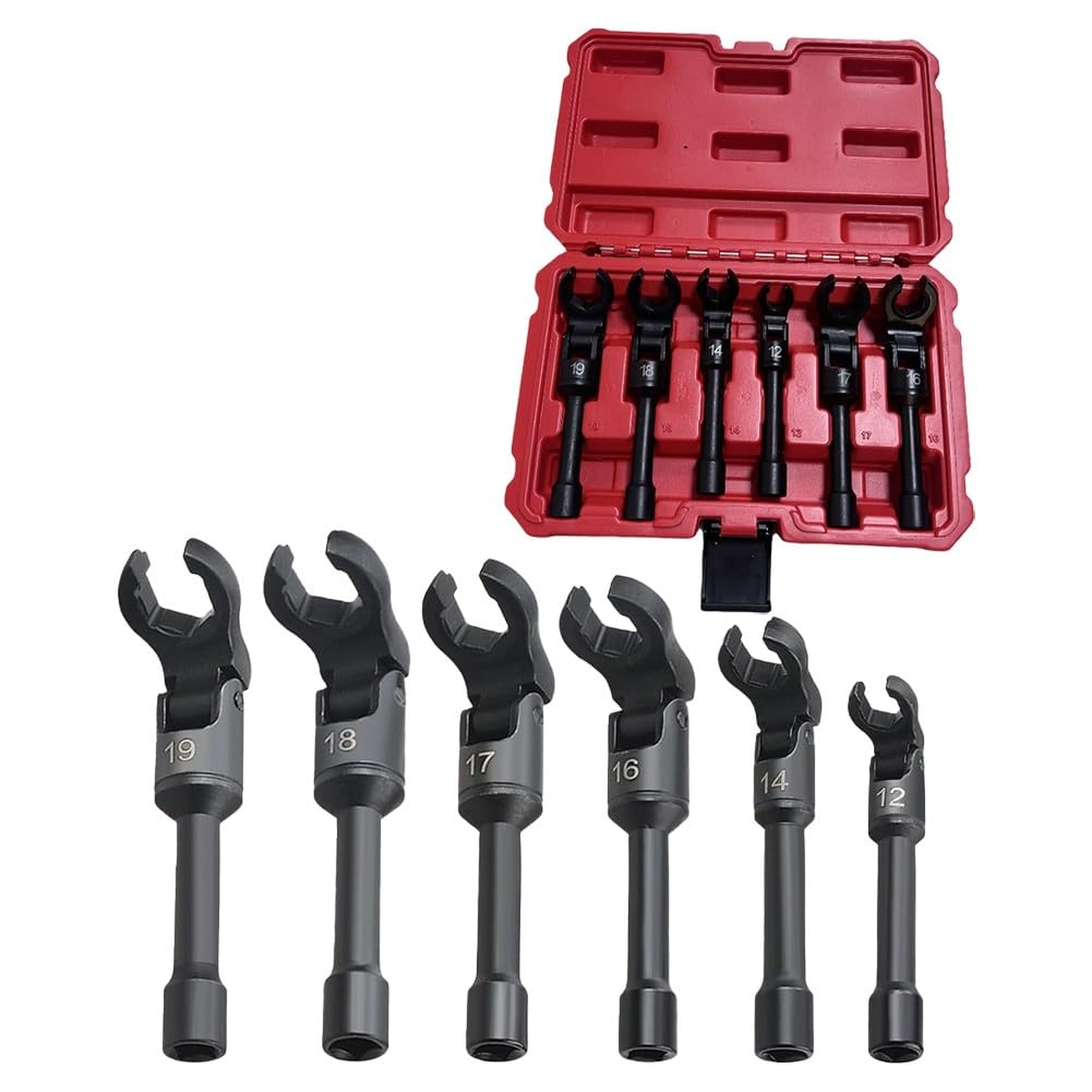 Long -Head 3/8 Inch Drive Flare Nut Wrench Set for Injector Fuel Line with 12/14/16/17/18/19 mm Sockets in Carrying Case
