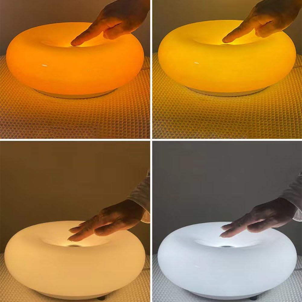Lampada da Comodino in Legno di Ciambella, Tavolo in Vetro variabile, 3 Temperature di Colore, con Telecomando e Interruttore cablato, connessione di Ricarica USB per la