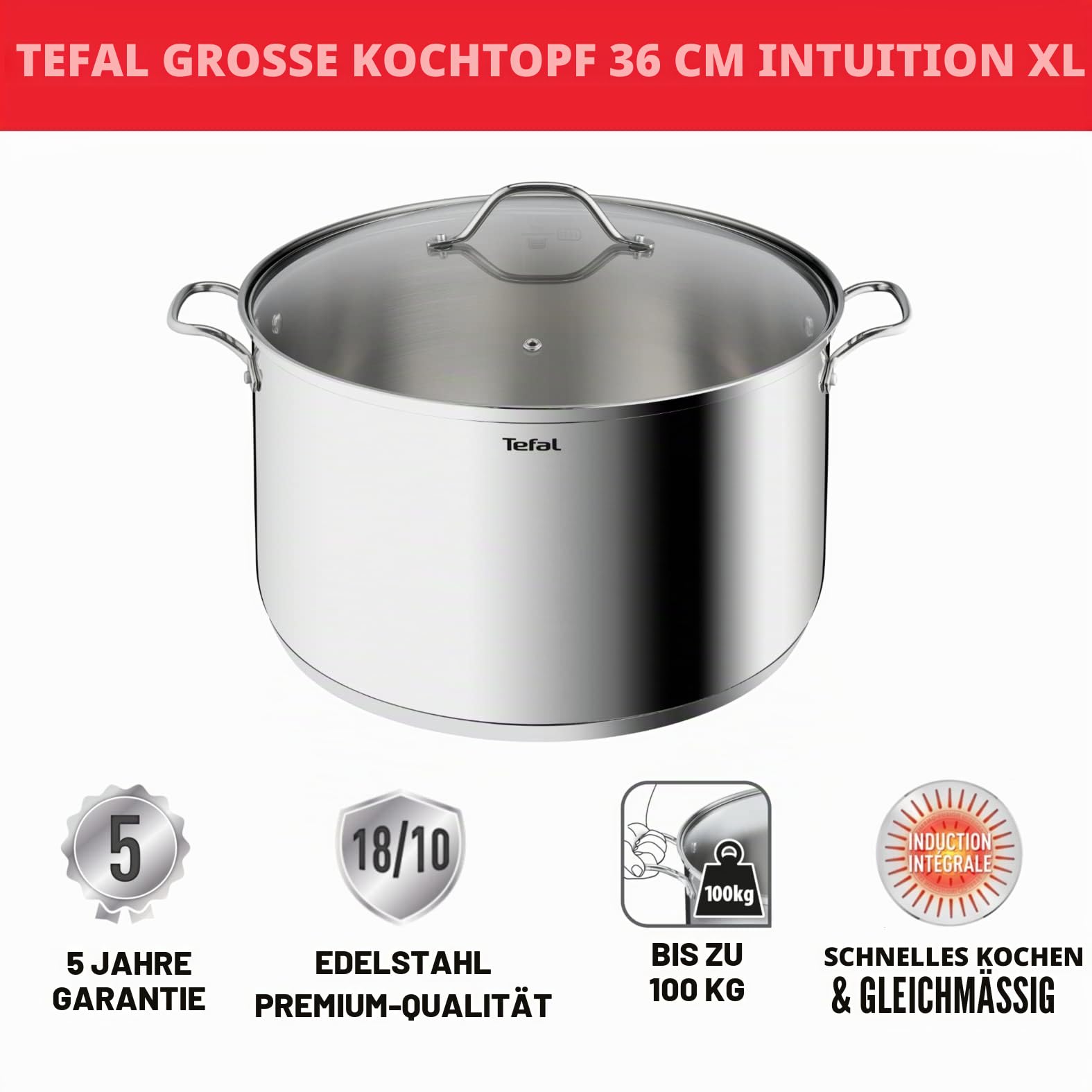 Tefal Intuition XL Kochtopf 36 cm / 17,5 l, Induktion, Edelstahl 18/10, 5 Jahre Garantie, robuste genietete Griffe, Glasdeckel B8647504
