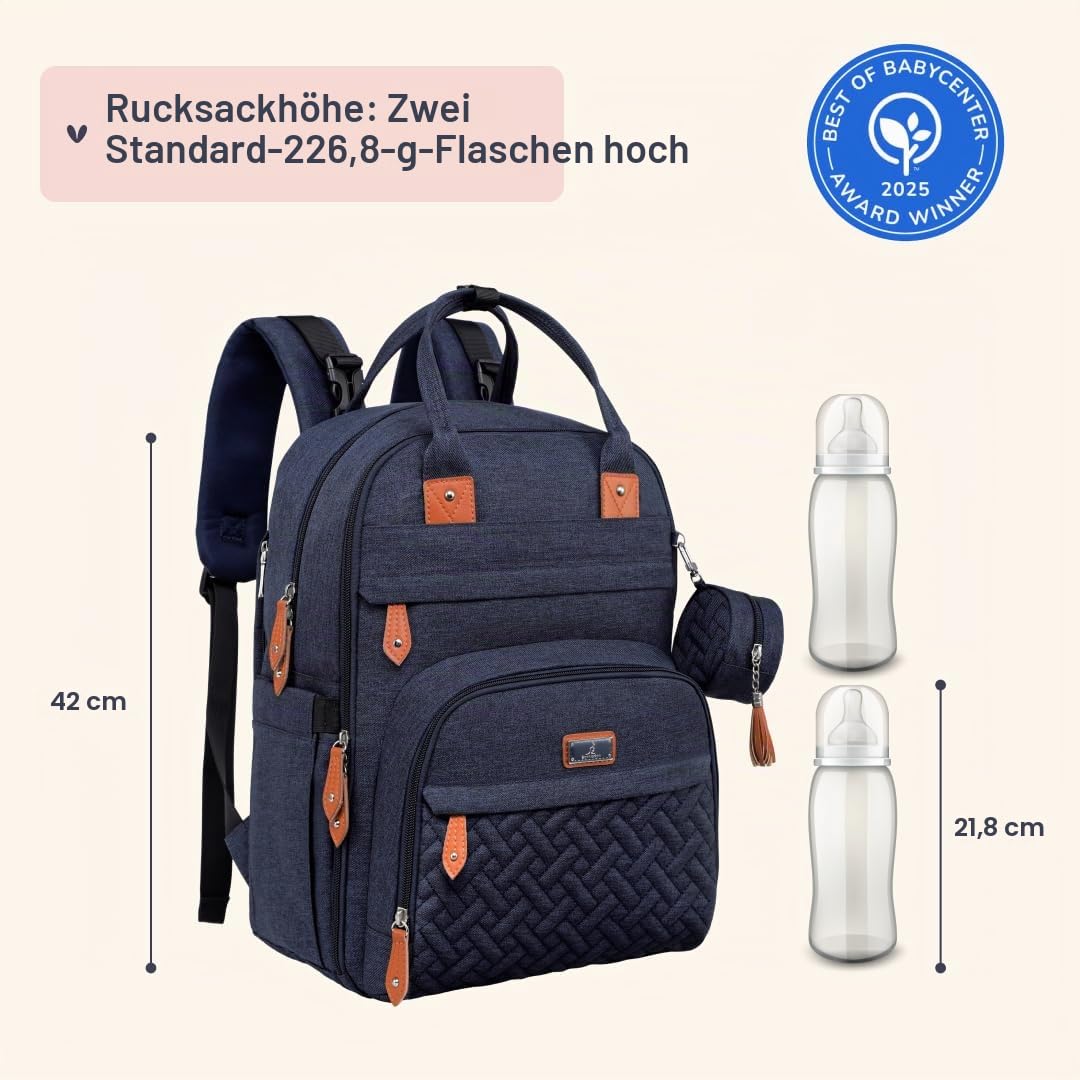 BabbleRoo Wickeltasche Rucksack – Große Kapazität, 17 Taschen, Wasserabweisend – mit Wickelauflage, abnehmbarem Schnullerhalter, Kinderwagengurten – Reiserucksack für Mama & Papa