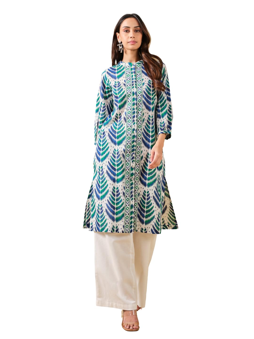 Nainvish Women's White Ethnic Motifs Print Straight Cotton Blend Round Neck Kurta (Sd665_K-L)