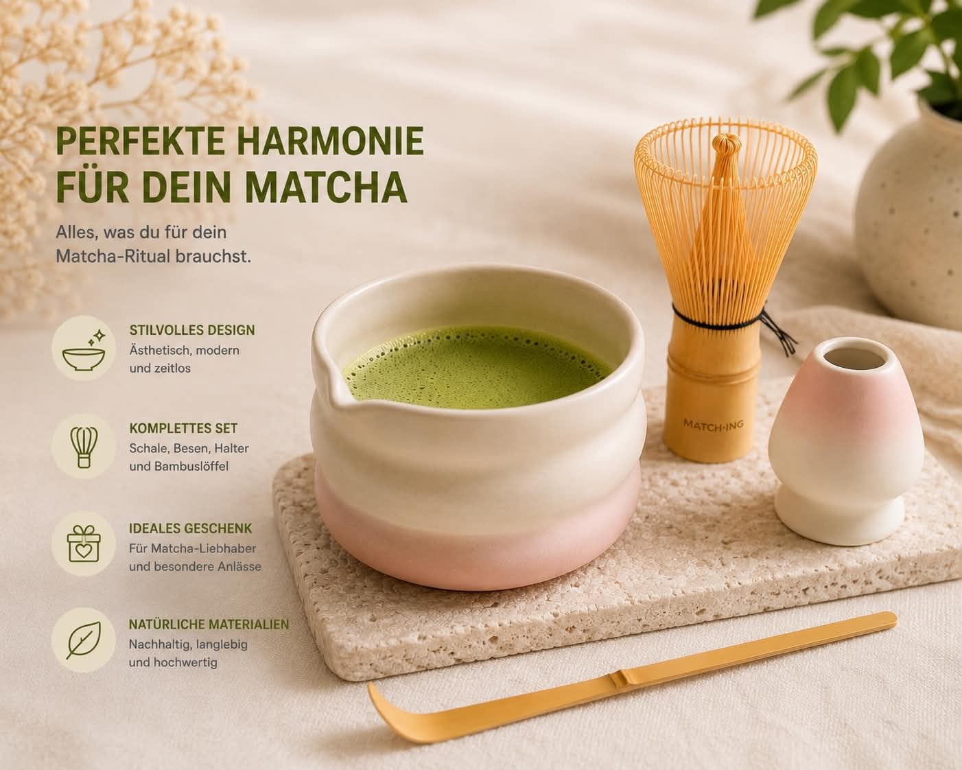 Juego de 4 piezas de Matcha, cuenco de cerámica Matcha, escoba matcha de bambú (Chasen), soporte para escobas y cucharas – Juego de accesorios para matcha japoneses – Rosa