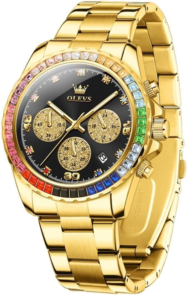 Watch for Men Luxury Gold Diamond Chronograph Business Wristwatch with Analog Quartz, Date Calendar, Stainless Steel Band, Luminous Hands, Waterproof