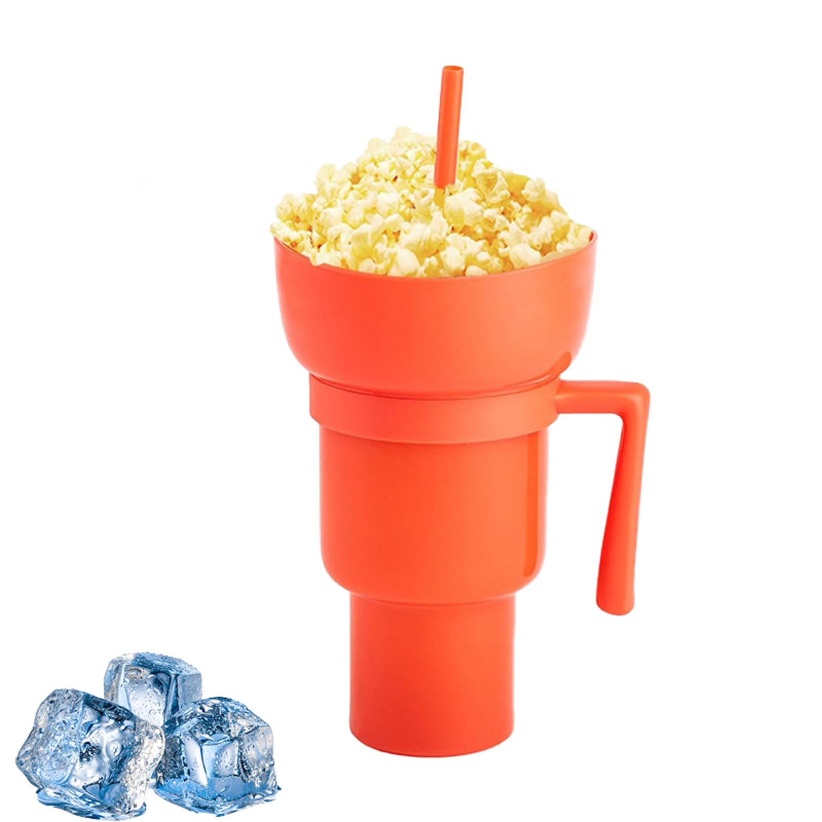 Ebbels Orange Snack Tumbler Bowl, 2 In 1 Snack And Drink Cup With Straw, Reusable Stadium Tumbler For Popcorns And Drinks, Leakproof Snack Tumbler For Adults Kids (Orange)
