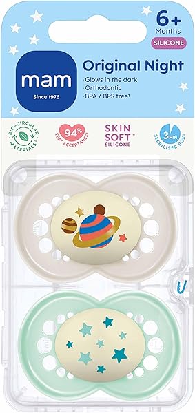 Close-up of the MAM Original Night Soothers showing the glow-in-the-dark button and SkinSoft silicone teat.