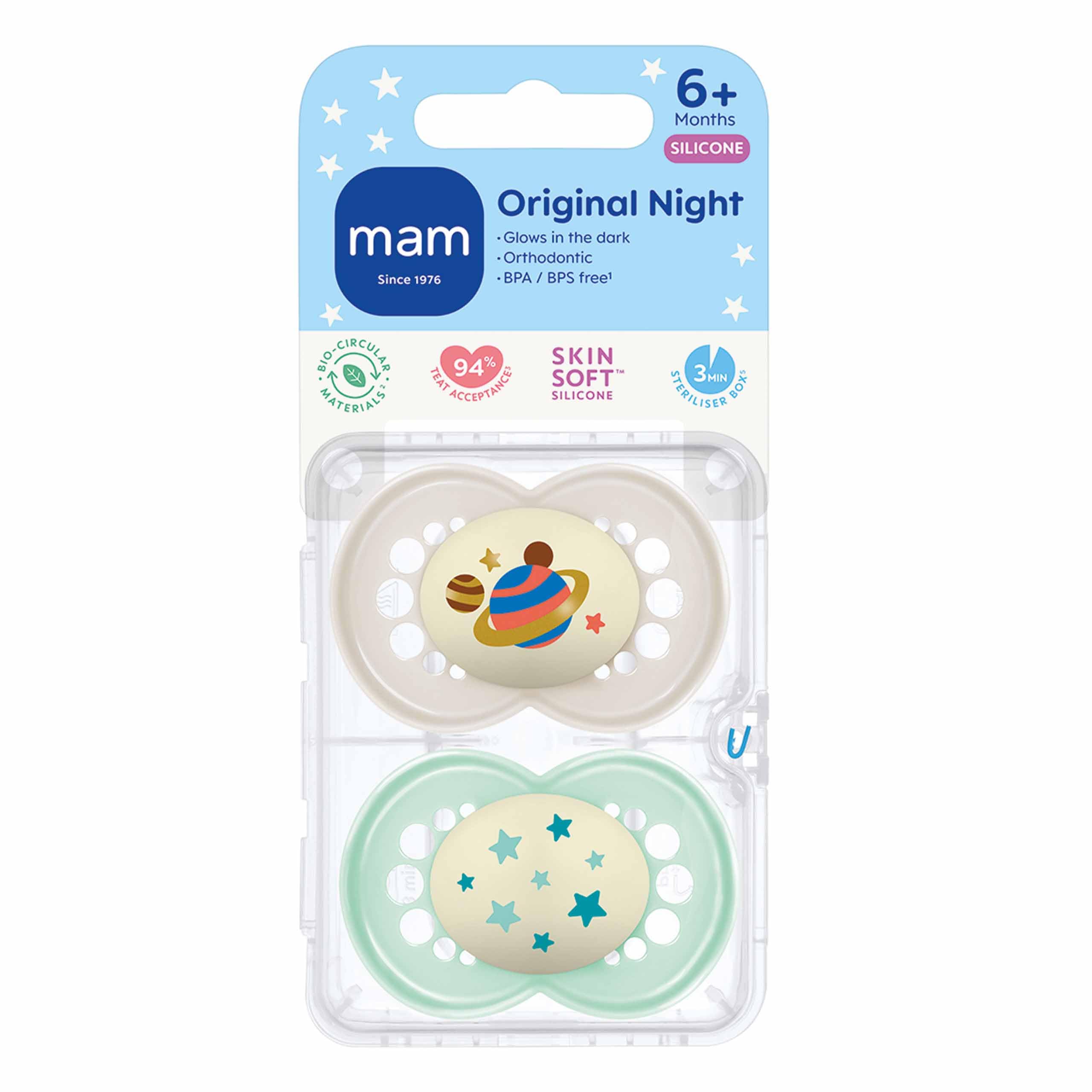 MAM Original Night Soothers | 6-18 Months | 2 Pack | Glow in the Dark Dummies | Comes in Dummy Steriliser Case | Baby Accessories | Grey/Cream (Various Designs) — view 2